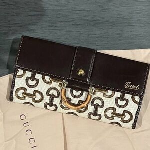 Gucci Brown and Cream Horsebit Canvas Bamboo D Ring Continental Wallet